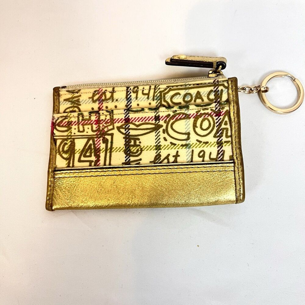 Coach Poppy Tartan Graffiti ID Case Skinny Mini Wallet Gold Plaid Keychain Rare - Picture 2 of 7